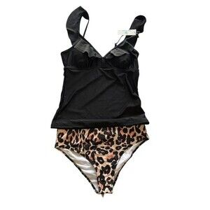 Beachissi Womens Tankini Size Large Black Top Leopard Bottoms Adjustable Straps